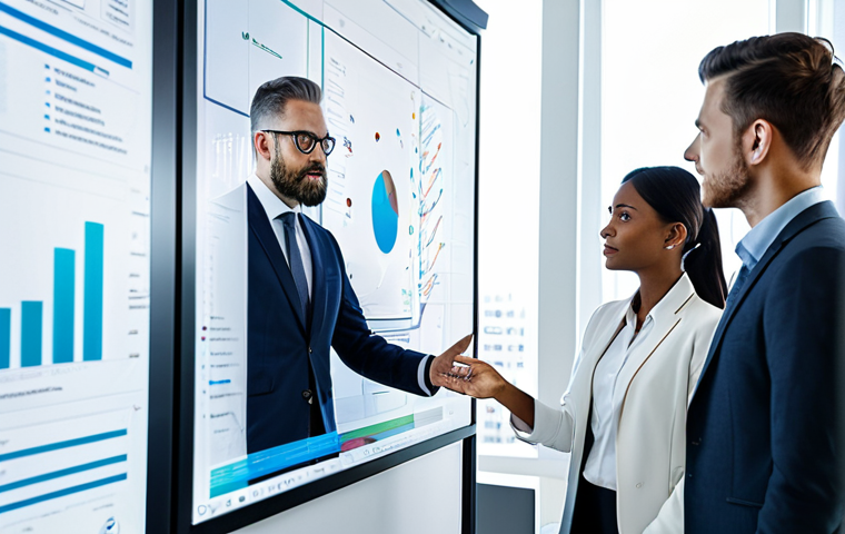 A diverse team of professional data scientists and strategists in modern, modest business attire, collaborating around a large, interactive transparent display in a bright, futuristic tech office. They are analyzing complex data visualizations and charts. The setting features sleek, minimalist design, ample natural light, and subtle digital interfaces in the background, conveying a sense of innovation and forward-thinking. The atmosphere is focused and collaborative. safe for work, appropriate content, fully clothed, professional dress, perfect anatomy, correct proportions, natural pose, well-formed hands, proper finger count, natural body proportions, high-resolution, sharp focus, professional photography.