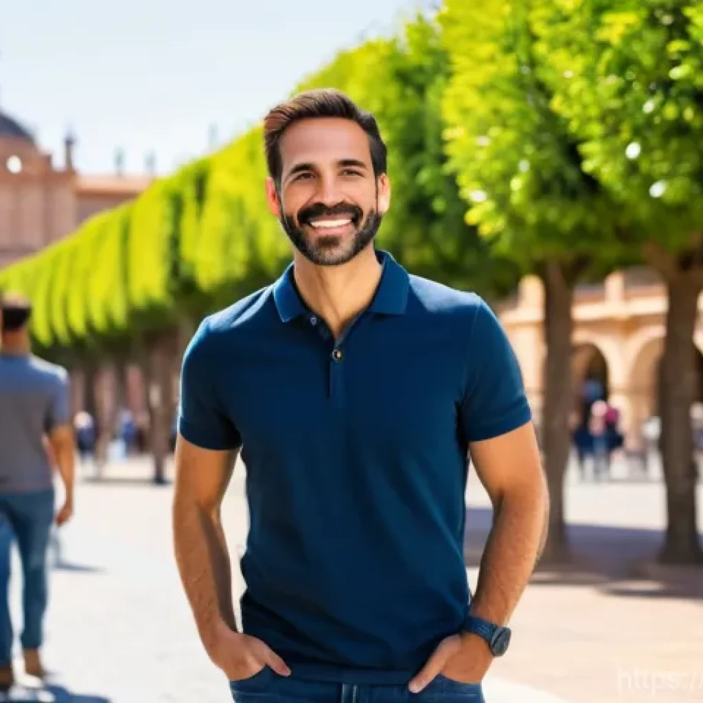 광고홍보사와 광고 리포트 작성 사례 - A charismatic Spanish male influencer, approximately 40 years old, with a genuine, friendly smile, d...