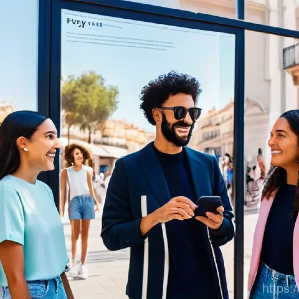 광고홍보사와 소비자 경험 마케팅 - **Prompt:** A group of diverse Spanish millennials and Gen Z individuals, fully clothed in stylish c...