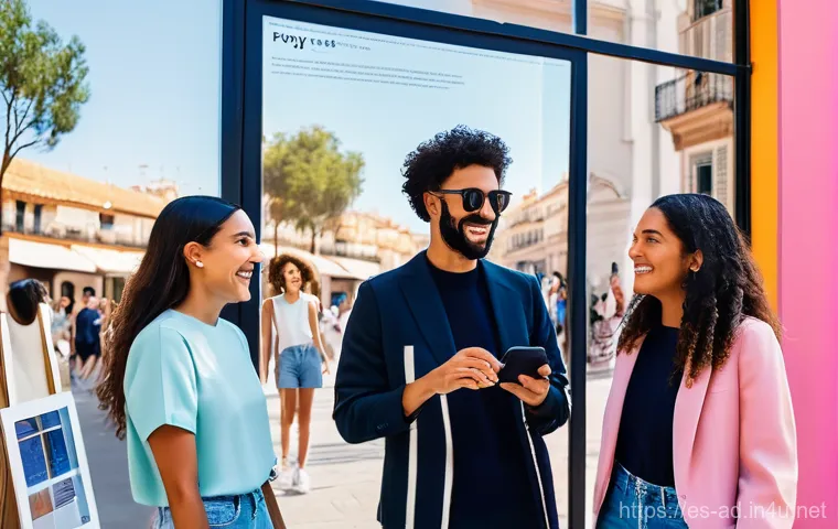 광고홍보사와 소비자 경험 마케팅 - **Prompt:** A group of diverse Spanish millennials and Gen Z individuals, fully clothed in stylish c...