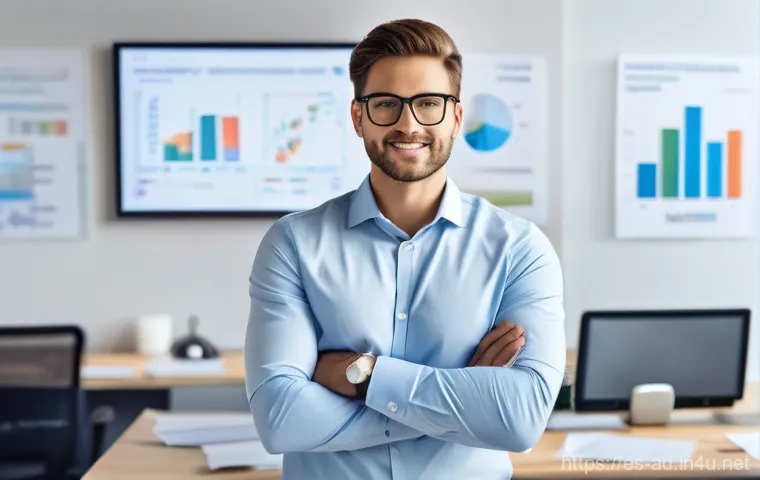 광고홍보사와 신규 광고주 발굴 - A professional, determined marketing executive, dressed in smart business casual attire, stands conf...